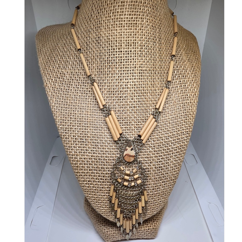 Vintage Peruvian handmade Bamboo Wood Bead Statement Necklace Unique Jewelry